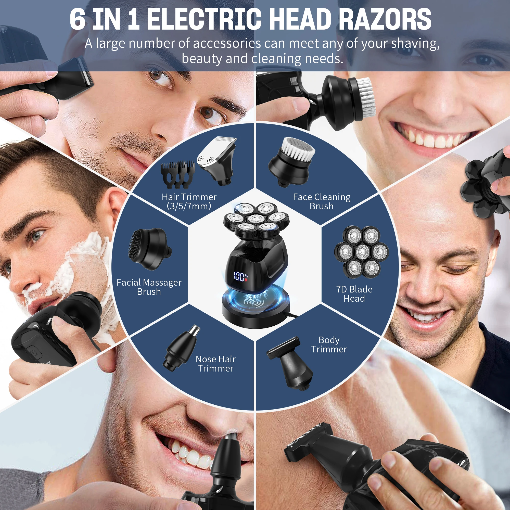 Sejoy Electric Head Shaver for Bald Men 7D Floating Head Hair Trimmer Rechargeable 6 In 1 Waterproof Wet Dry Beard Razor 6
