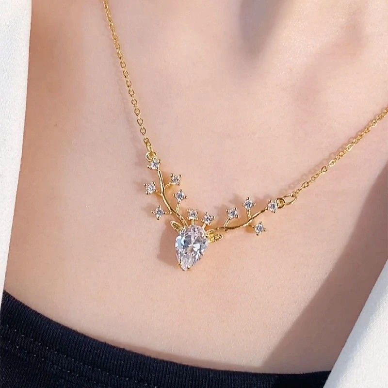 New Bohemian Elk Pendants Necklaces for Women Gold Color Metal Chain Crystal Branch Luxury Wedding Neck Jewelry 2026 new trend 1