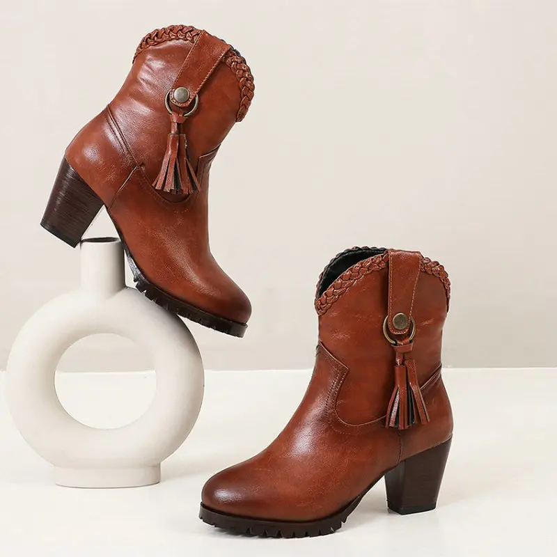 

2020 retro round toe chunky high heels brown womens boots with tassel extra plus size 46 47 48 luxury woman shoes ankle boots