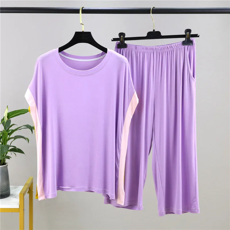 Casual Short Sleeve Cropped Pant Suit Summer Loose Home Clothes For Women Nightwear Pajamas Set Matching Color Sleepwear Pijamas
