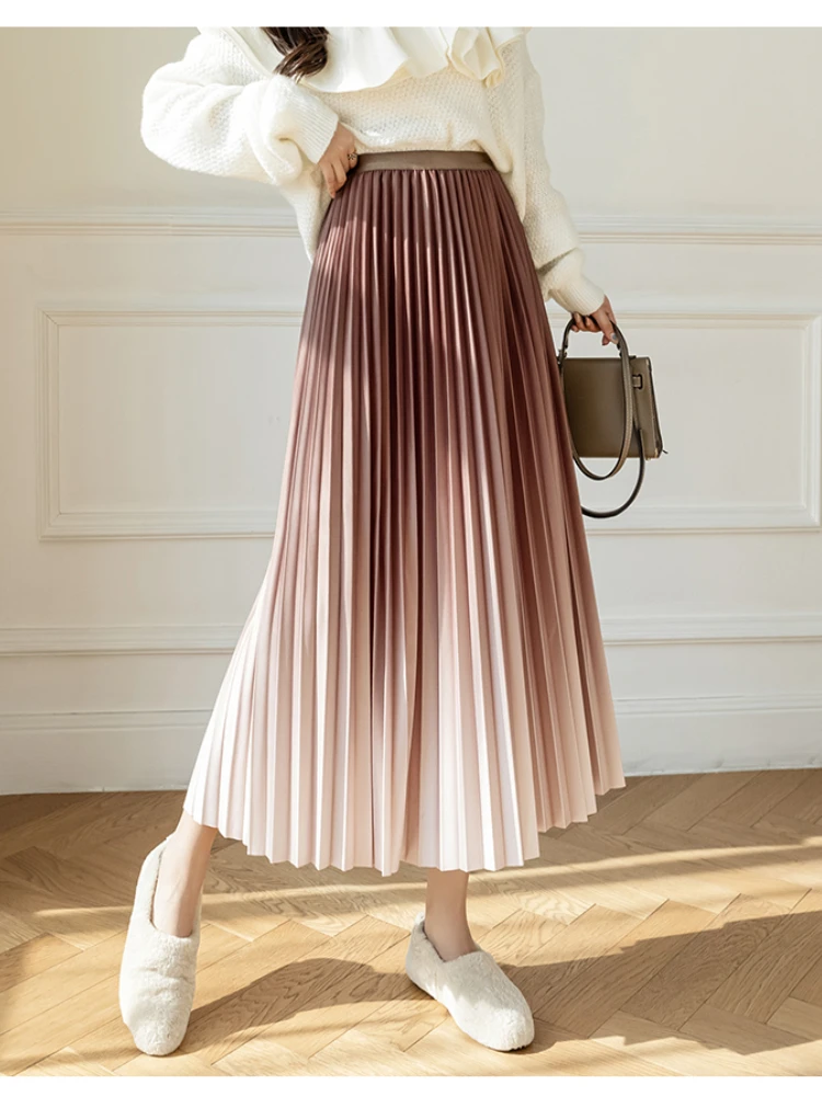 

Gradient Color Pleated Skirt Women Sping Fall Fairycore Drape A-line Mid-length Skirt Female Korean Style Y2k Faldas Mujer
