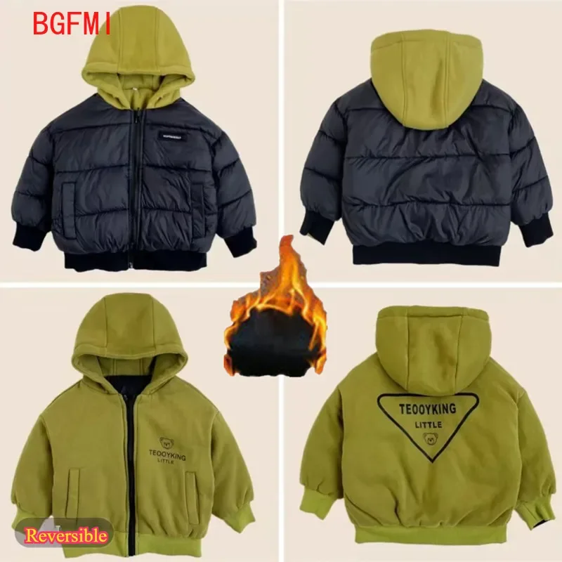 Girls Boys Reversible Cotton Padded Jacket Children's Winter Overalls Korean Thick Kids Outerwear Hooded Teenager Padding Coat