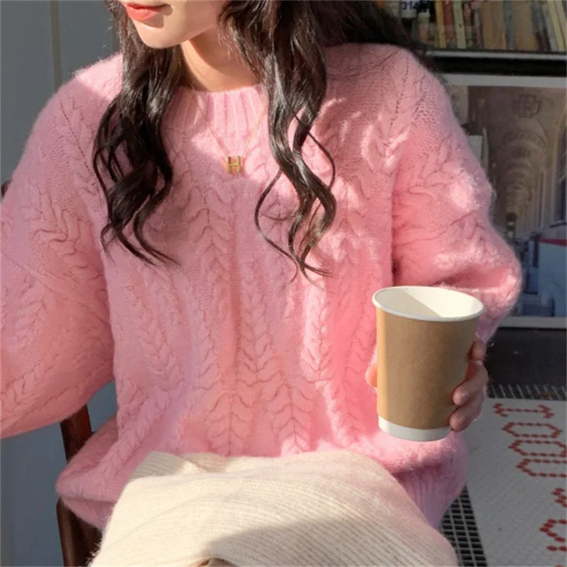 Thick Blue Red Knitted Sweater Pullover for Women