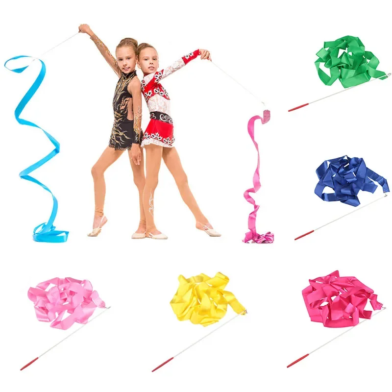 4M Colorful Gym Ribbons Dance Ribbon Rhythmic Art Gymnastic Ballet Streamer Twirling Rod Stick for Gym Training Professional