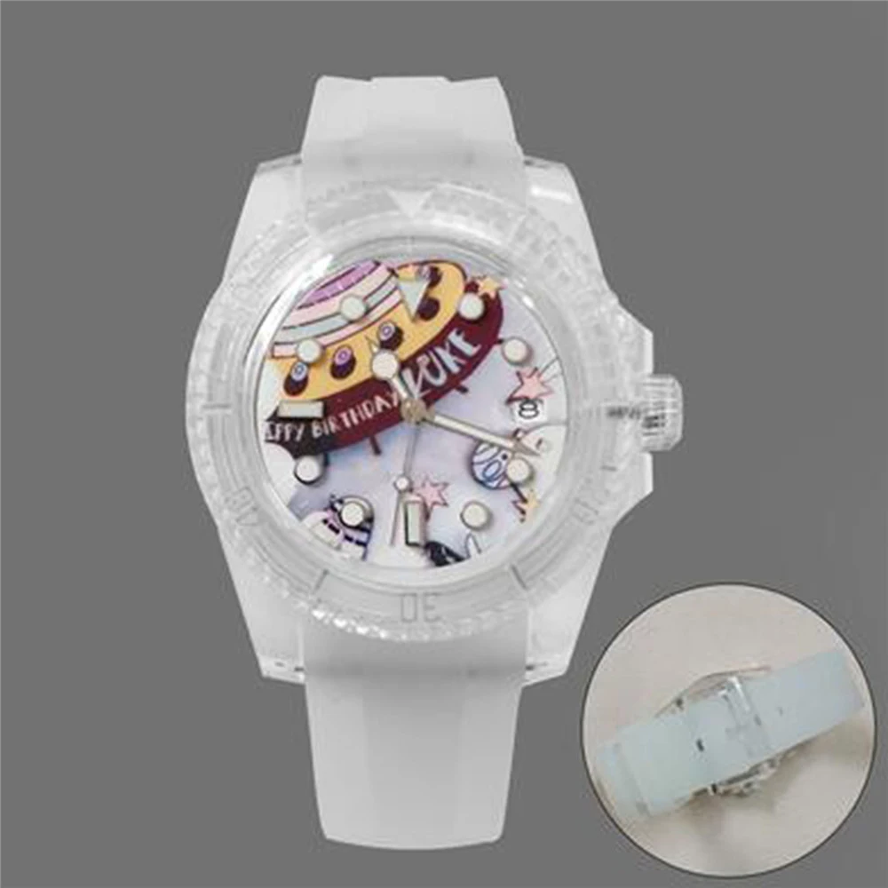 

Elegant Youth Cartoon Style Dail Watch 40MM Transparent Case Luminous Rubber Band NH35 Automatic Mechanical Watch