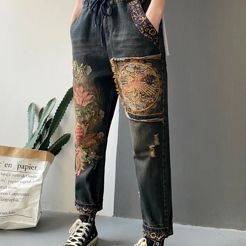 jeans casual solto, calças florais, calças vintage,
