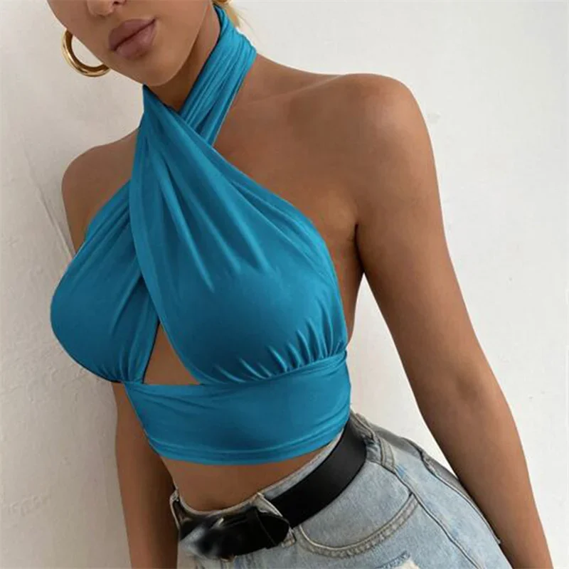 y2k Halter Top Women Summer Clothes Solid Color Sleeveless Backless Vest T Shirt 2000s Aesthetic Clothing Streetwear