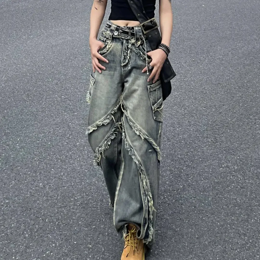 American Retro Loose Slim Jeans Women Autumn and Winter Design Sense of Raw Edge Mopping Trousers Straight Wide Leg Pants Trendy