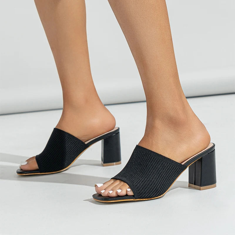 Square Toe Knitted Elastic Fabric Women's Slippers Thick Heels Pumps 35-42 Plus Size Comfortable Genuine Leather Shoes For Women