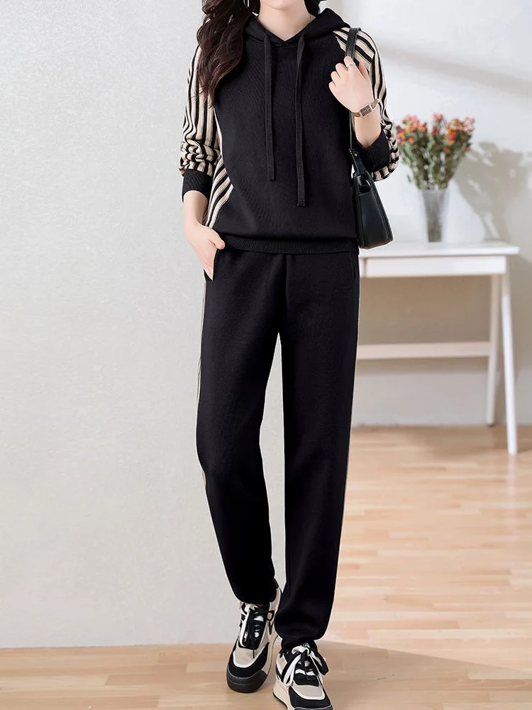 Casual Striped Hooded Sweatshirt Two Piece Set Fall Fashion Drawstring Tops Tracksuit Baggy Running Wear Jogger Pants Conjuntos