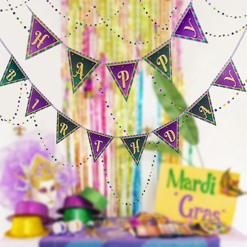 

Green Purple Gold Triangle Flag Bunting Supplies Happy Birthday Banner Paper Bead Garland Mardi Gars Party Birthday Decorations