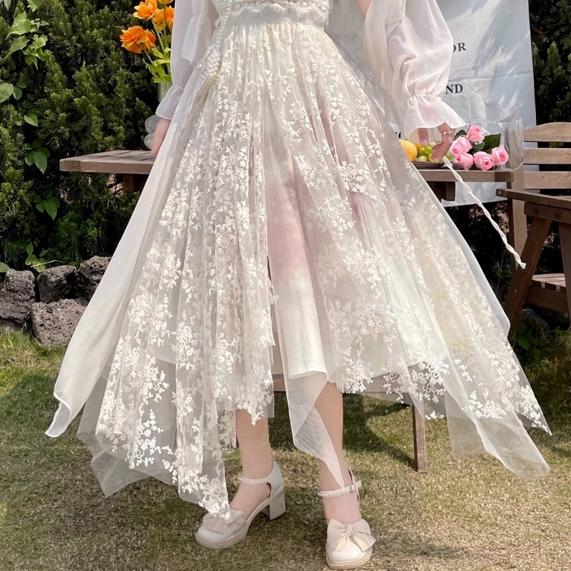 

Qiukichonson Midi Long Skirts Womens Crochet Lace Skirt 2023 Lolita Summer High Waisted Asymmetrical Ruched Mesh Skirts rok