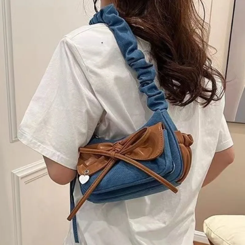 JIAERDI Sweet Cool Denim Shoulder Bags Women Harajuku Bow Chic Cute Y2k Handbag Purse Ladies Casual Blue Underarm Bag Aesthetic