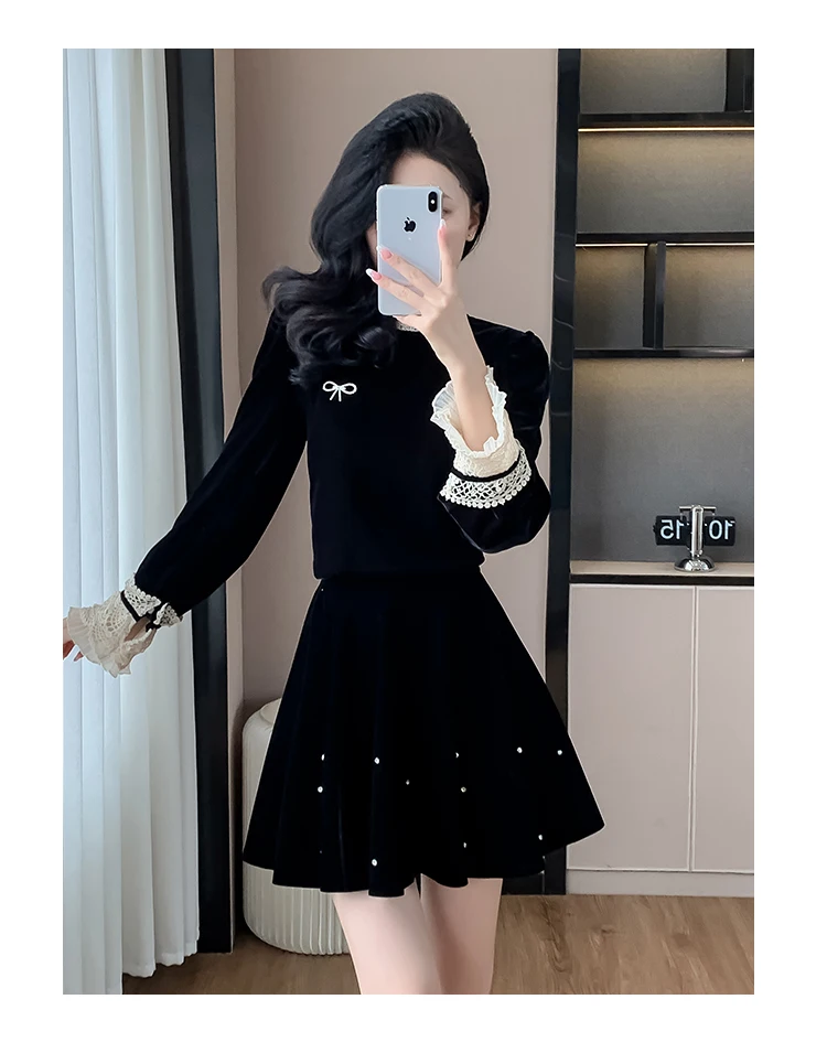Autumn Elegant Velvet Two-piece Skirt Set Women Long Sleeve Lace Patchwork Crop Top Mini Skirt Korean Fashion Y2K Chic Outfits