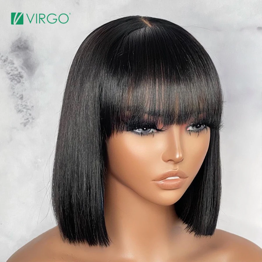 

Virgo Straight Short Bob Wig Peruvian Remy Human Hair Wigs For Women Natural Color Full Machine Made Glueless Wigs With Bangs