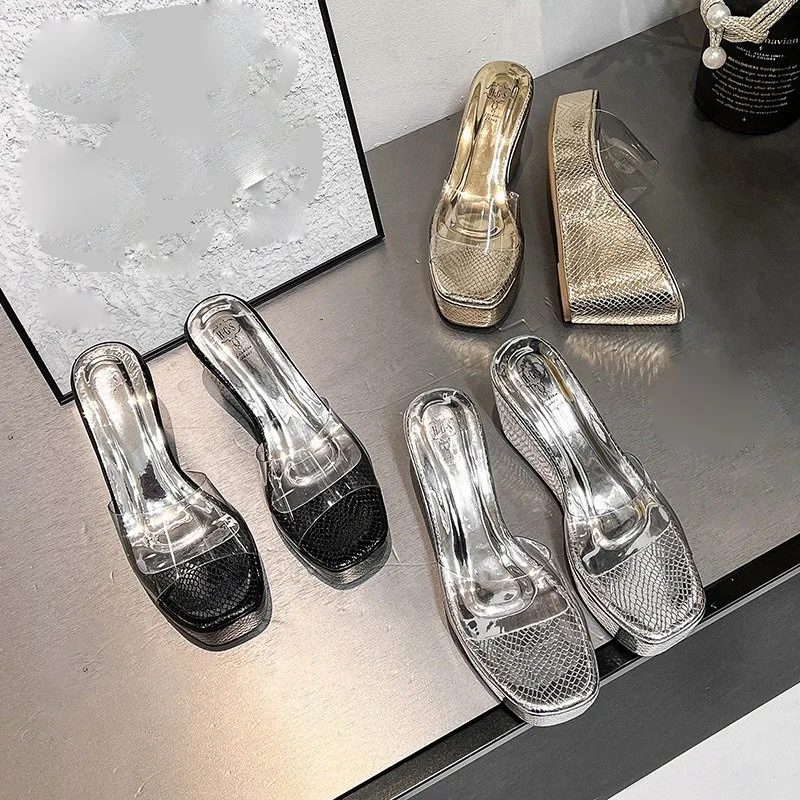 

Silver Snakeskin 9cm High Heels 3.5cm Platform Pumps Summer Jelly Wedges Slippers Transparent Crystal Slides Gold Gloss Shoes