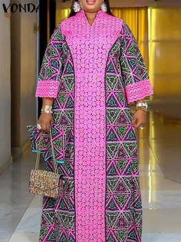 Women Floral Printed Maxi Dress 2025 VONDA Autumn Long Sleeve Loose Long Robe Bohemian Vestidos Oversize V-neck Sundress Baggy 1