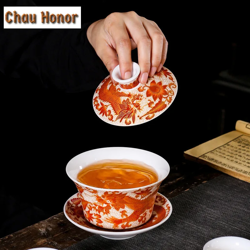 250ml Enamel Color Sancai Gaiwan Master Cups Retro Chinese Tea Set Teacup Lid And Saucer Set Teaware Chrysanthemum Tea Teaware