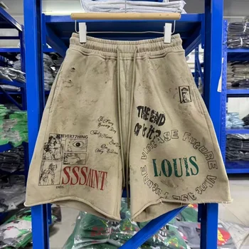 Y2K Grunge Sweat Shorts Men Vintage Washed Graphic Print Loose Fit Streetwear Casual Shorts 1