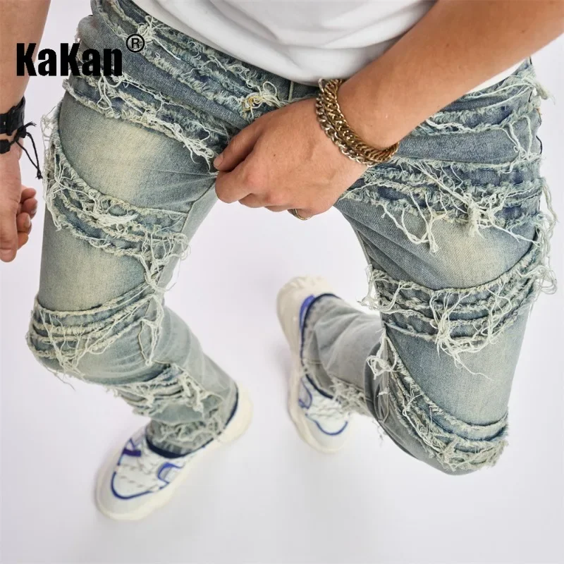 Kakan - New European and American Distressed Stitching Denim Jeans for Men's Wear, Wearing Out Hip-hop Pants K49-708