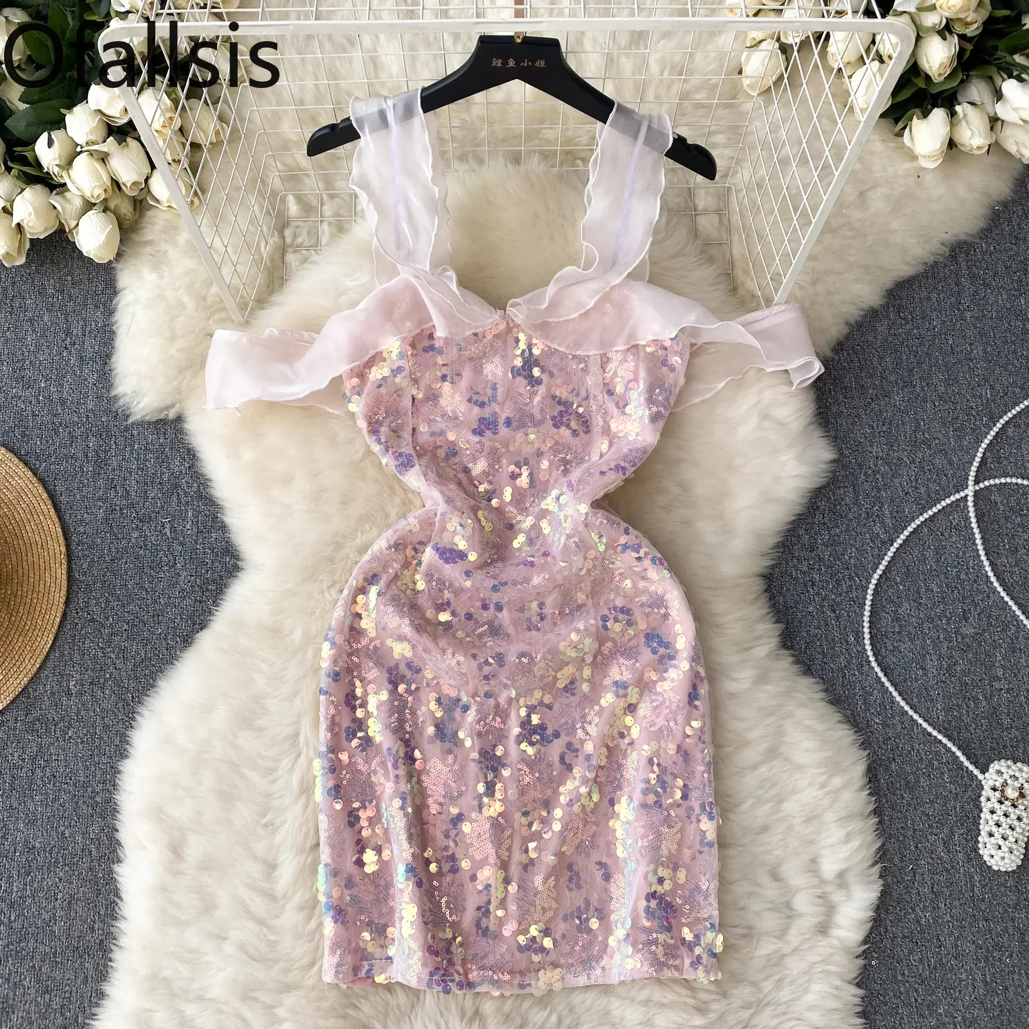 

Ofallsis High End Sexy Celebrity Strapless Off The Shoulder Sequin Dress 2024 Summer New Feminine Slimming Wrapped Short Dresses