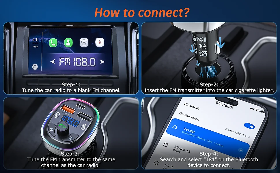 SONRU Transmetteur FM Bluetooth 5.3, Adaptateur Bluetooth Voiture pour  Voiture 30W PD&QC 3.0 Prend en Charge Les Appels Mains Libres, Support Siri  Google Assistant/7 lumières de Couleur : : High-Tech