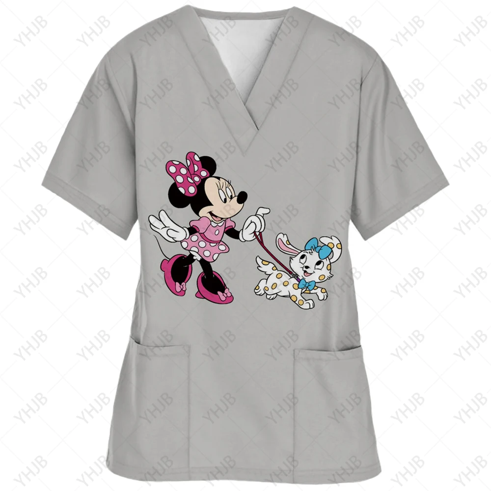 

Summer Nurse Uniform Disney Mickey Mouse Print Pattern Dentist Beauty Salon Pet Shop Work Clothing V Neck Pocket T-Shirt Tops