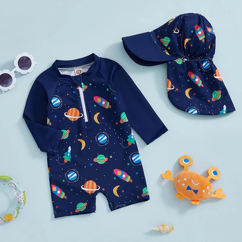 Toddler Boy Rash Guard Swimsuit with Hat 2 Pcs Set Planet Dinosaur Pattern Zip Up Long Sleeve Crew Neck Baby Boy Swimwears