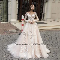 Customized Luxury Long Sleeve Wedding Gowns For Princess Scoop Neck A-Line Applique Elegant Applique Bridal Dress Robe De Marié 1