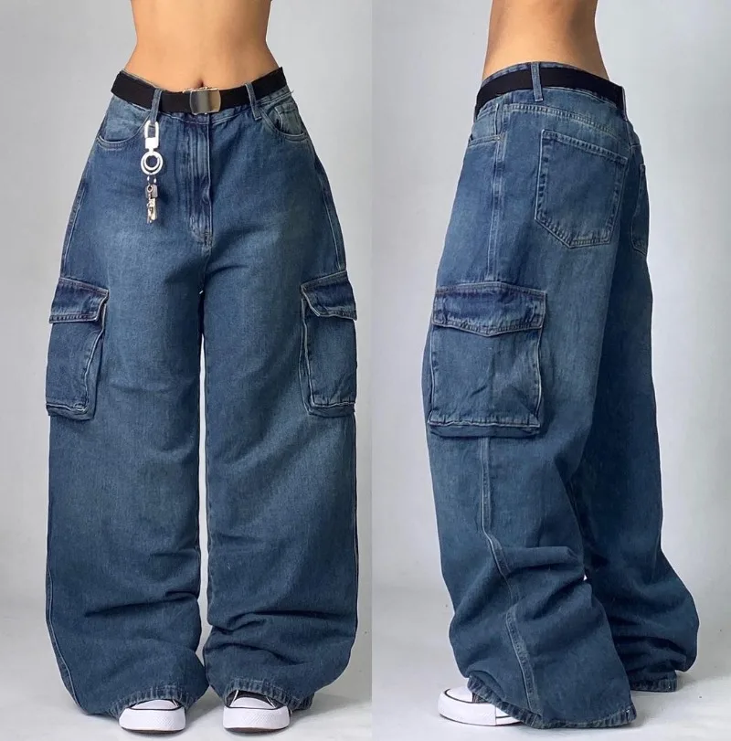 American New Blue Washed Multi-pocket Baggy Jeans Men Y2K High Street Punk Vintage Popular Couples Casual High Waist Trousers 2