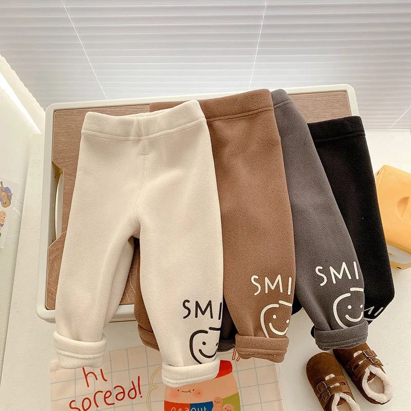 Girls Winter Leggings Simley Face Double side Fleece Thicken Warm Pants