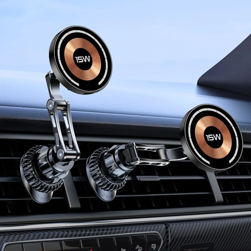 Magnetic Car Air Vent Wireless Charger 15W 360 Rotation Aluminum Foldable Phone Stand For Iphone 15 14 13 12 11 Pro Max Samsung