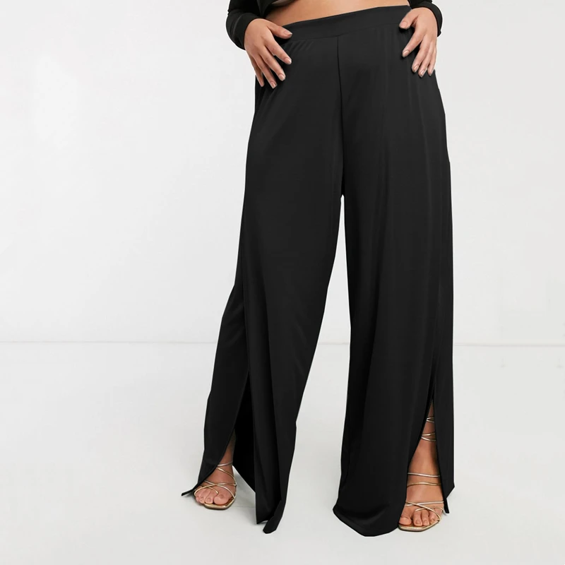 Plus Size Elastic Waist Elegant Spring Autumn Wide Leg Pants Slit Front plus-size-elastic-waist-elegant-spring-autumn-wide-leg-pants-slit-front