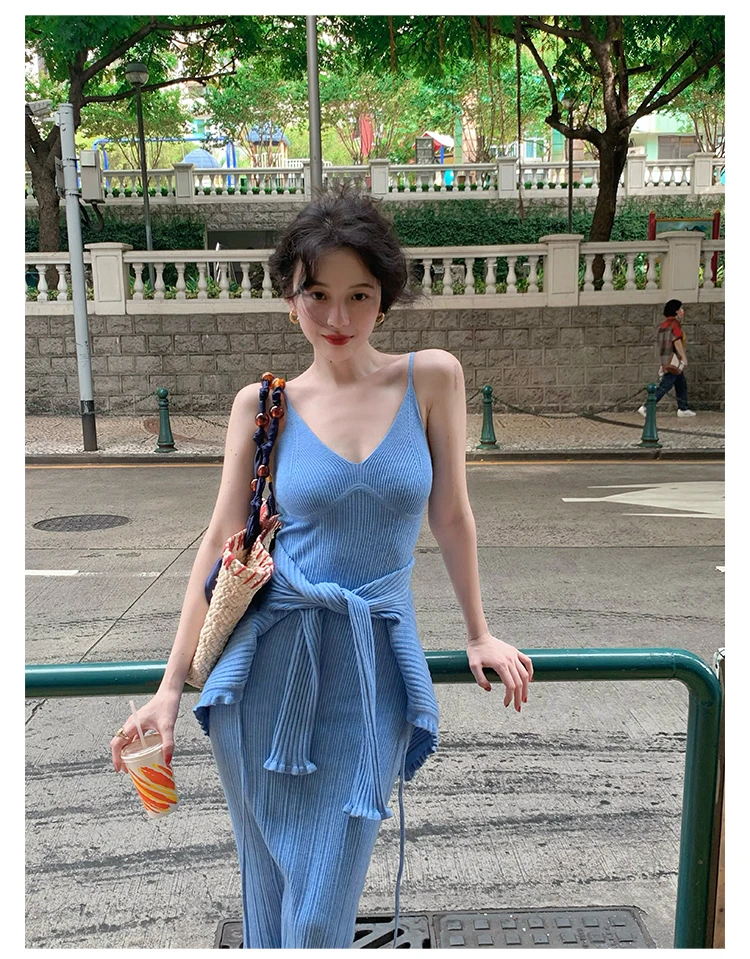 Vintage Chic Knitted 2-piece Dress Set Women Crop Cardigan V-neck Spaghetti Strap Bodycon Midi Dress Autumn New Female Clothing