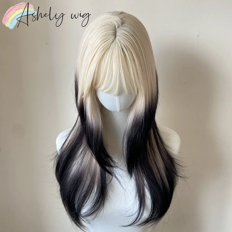 Ashely Ombre Black Blonde Wig for Women Y2K Hairstyle Lolita Wigs Straight Sissy Wig with Bangs Paruky for All Saints' Day