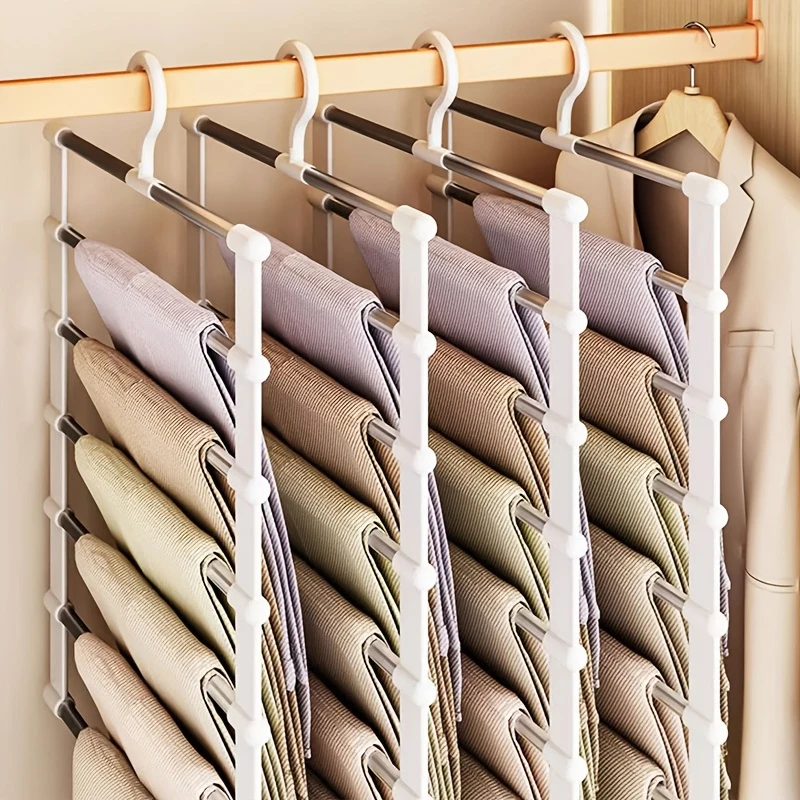 Pants Hangers Space Saving 5/7 Layers Sturdy Stainless Steel Pant Rack Anti-Slip Swing Arm