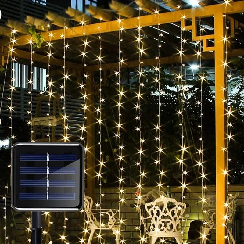 Solar Curtain Light Outdoor Waterproof Solar Fairy Garland String Lights Garden Yard Pavilion Wedding Party Holiday Decor Lights