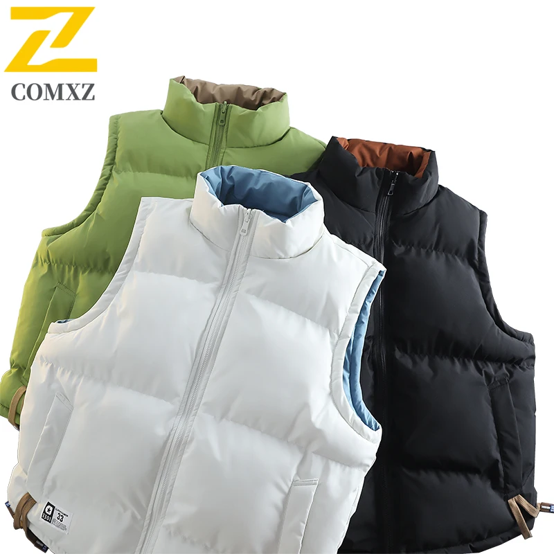 Men Women Reversible Sleeveless Vest Winter Warm Puffer Jacket Youth Fashion Backpack Vest Students Outdoor Down Cotton Vest