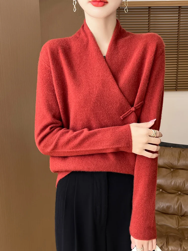 Women's Pure Wool Knitted Sweater, Buttoned, V-Neck, Loose, Simple, Top, Pullover, Casual, Fashionable, 2024 Autumn/Winter 2