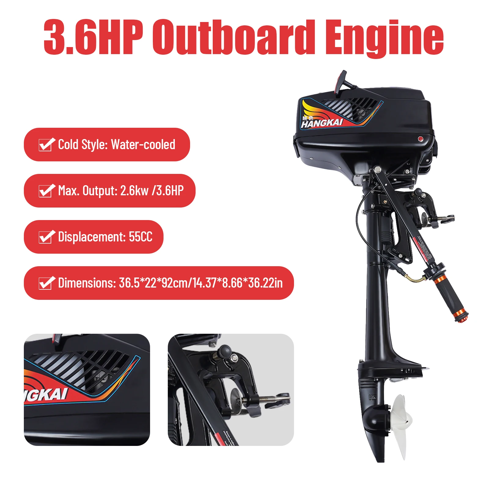 3.6PS 2 Stroke Outboard Motor, Gasoline Engine Water Cooling System Outboard Fishing Boat Engine hangkai 60v 10hp electric outboard motor 3000r min brushless fishing boat engine tiller control system