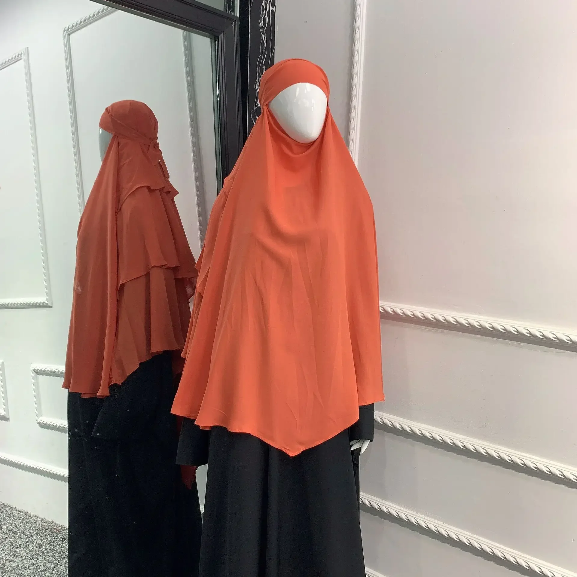 Three Layers Long Khimar Hijab Women Muslim Ramadan Overhead Prayer Hijabs Scarf for Abaya Dress Islam Tie Back Djellaba Niqab