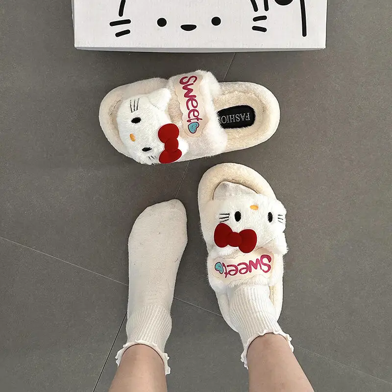 Pantoufles en coton confortables Hello Kitty à imprimé léopard
