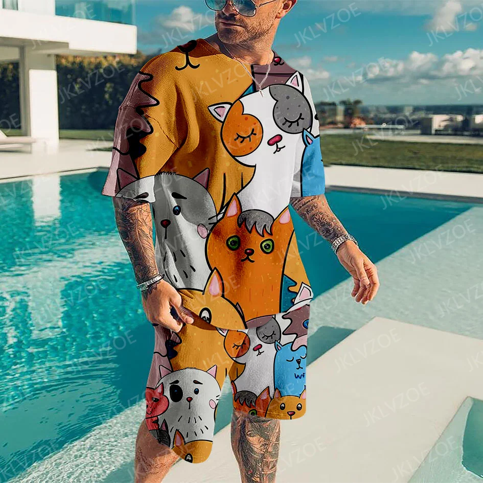 2023 Summer Cute Cat Men Tshirt Shorts 2 Piece Sets Y2K Tracksuit Men's Oversized Clothes 3D Printing Streetwear Suit