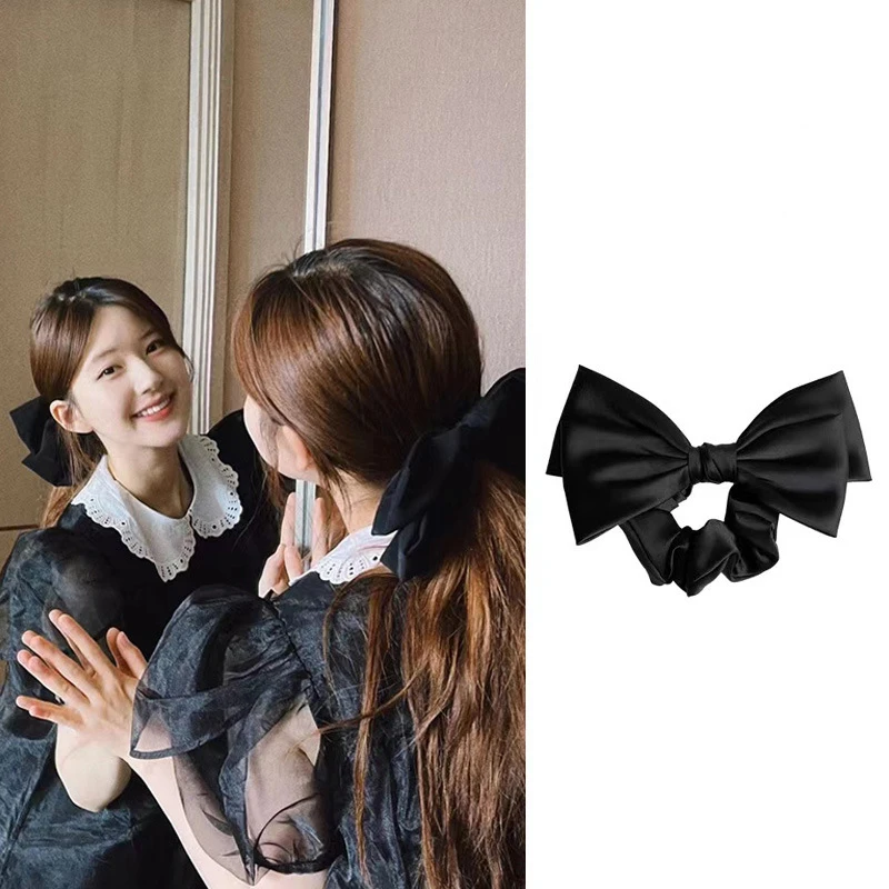

New Korean Woman Large Elegant Silk Elastics Hair Band Black Satin Bow Scrunchies Hair Ties Ladies Ponytail Hold Hair Accessorie
