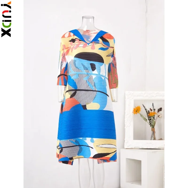 

YUDX Miyake Fashion Print Pleated Dress Women Casual Loose A-line Mid Length Contrast Color Dresses Fashion 2024 New