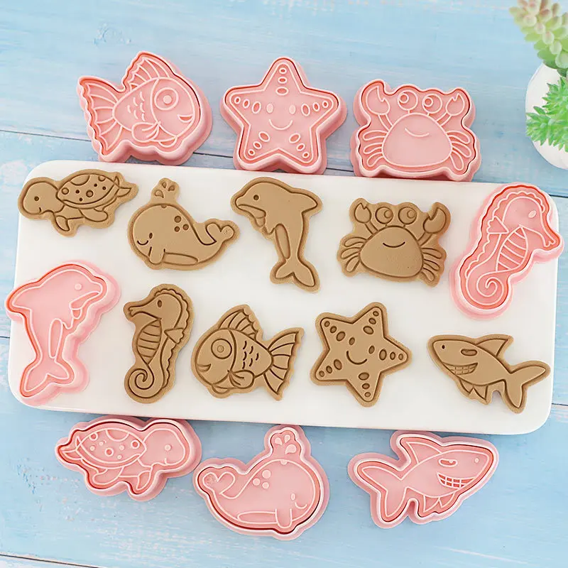 8Pcs/set Ocean Animal 3D Cartoon Cookie Mold Biscuit Cutter Stamps DIY Fondant Plunger Cake Tools Kitchen Baking Pastry Bakeware