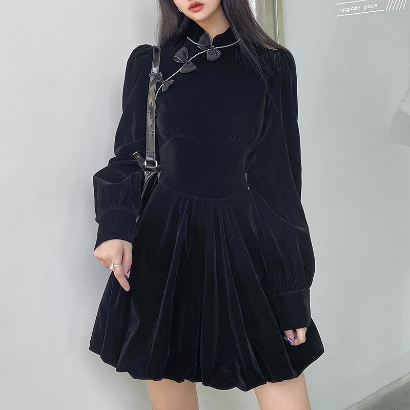

Винтажное элегантное готическое темно-синее велюровое черное платье с бантом осенне-зимние плиссированные платья в китайском стиле для вечеринок