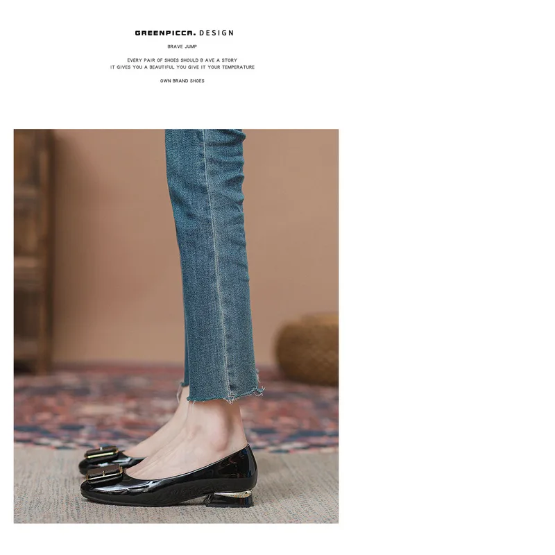 French Style Women's Flat Shoes Leather Square Toe Low Block Heel_voghion.com