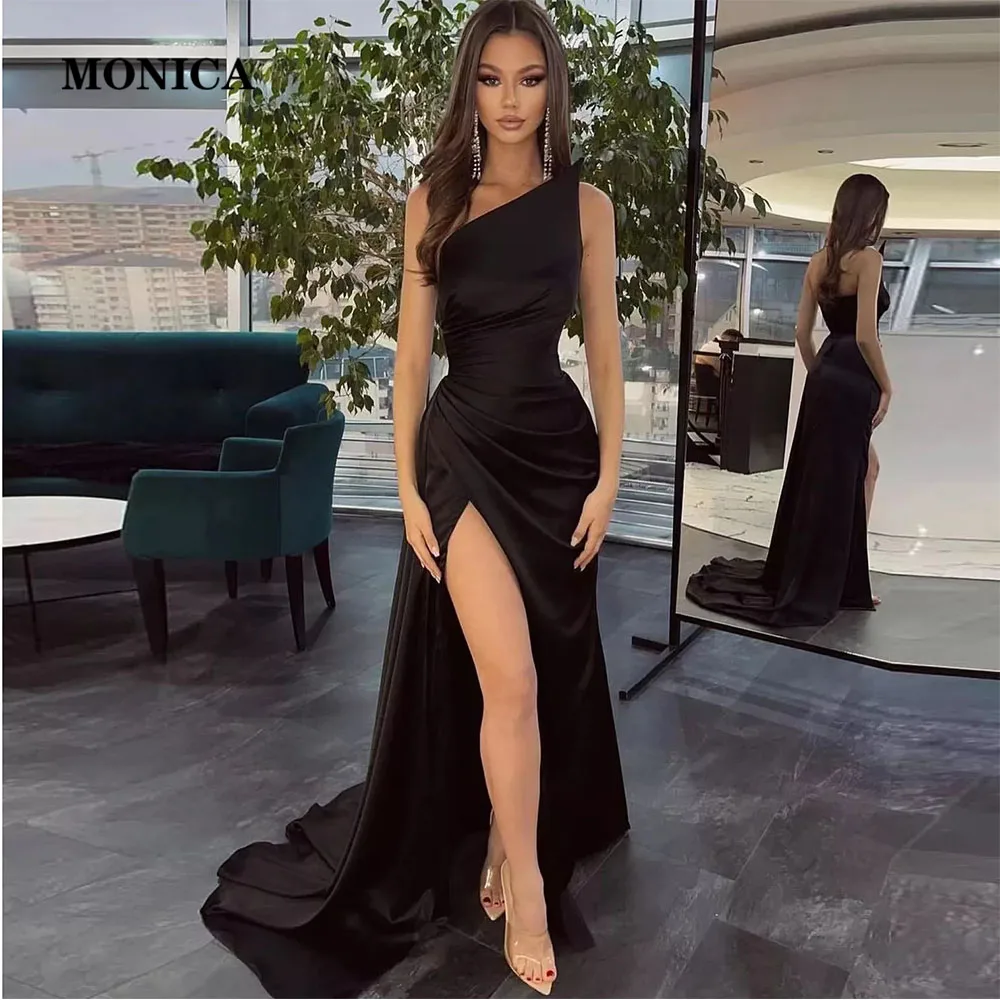 Sexy Black Satin Ball Gown Mermaid One Shoulder High Slit Formal