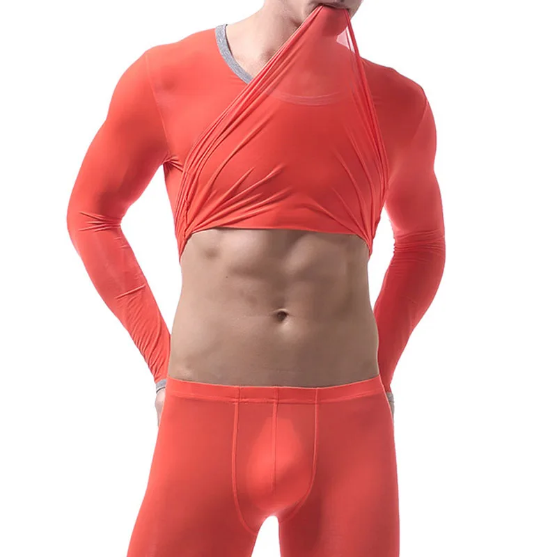 Winter Long Sleeve Men Thermal Underwear Undershirt Transparent Thin Long Johns Tops T Shirt Comfortable O Neck Tops Tee